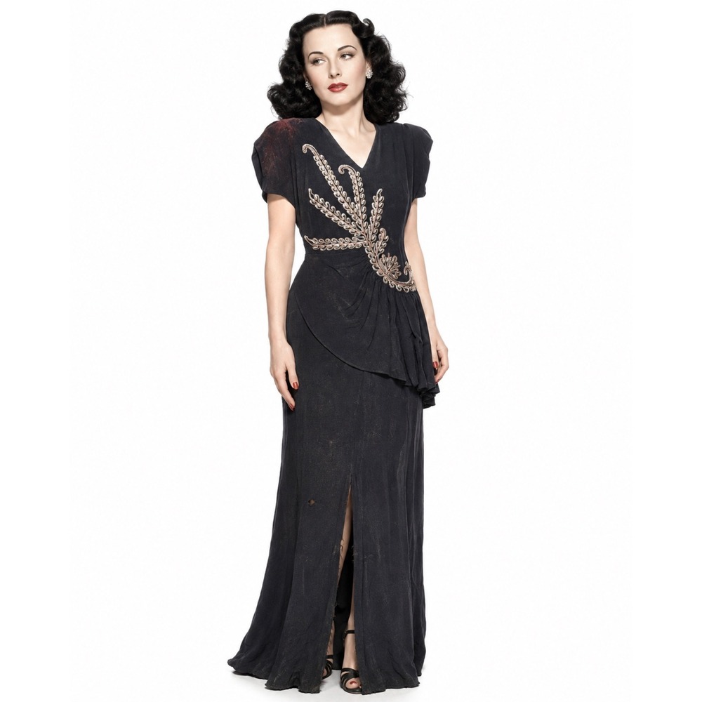 VTG 40s Long Dress Gold Sequin Wheat Art Deco Black Crepe 32x26x33 XS STAINED